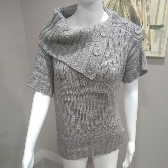 NWOT Sweater Project Heather Gray Short Sleeve Button Down Cowal Neck Sweater - Picture 1 of 11